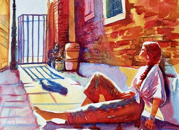 "Urban Daylight" by Christine Beard captures a serene moment of reflection in a vibrant urban setting. The watercolor painting masterfully plays with warm colors and light, creating a captivating contrast between the sunlit alleyway and the shadows that stretch across the scene. The female figure, bathed in sunlight, adds a sense of tranquility and introspection to the composition. This artwork is a beautiful portrayal of a quiet moment amidst the bustling city, making it a perfect addition to any contemporary art collection.





