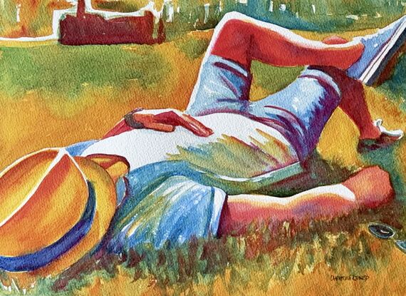 "Sunny Grass Moments" by Christine Beard is a vibrant watercolor painting that captures the essence of relaxation on a warm summer day. The artwork depicts a figure reclining comfortably on sunlit grass, evoking a sense of peace and tranquility. The harmonious use of color and light highlights the simple joys of outdoor leisure, making this piece a perfect representation of calm and contentment. Ideal for those who appreciate the beauty of nature and the serenity found in quiet, sun-filled moments.





