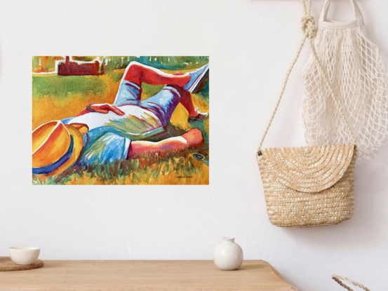 "Sunny Grass Moments" by Christine Beard is a vibrant watercolor painting that captures the essence of relaxation on a warm summer day. The artwork depicts a figure reclining comfortably on sunlit grass, evoking a sense of peace and tranquility. The harmonious use of color and light highlights the simple joys of outdoor leisure, making this piece a perfect representation of calm and contentment. Ideal for those who appreciate the beauty of nature and the serenity found in quiet, sun-filled moments.





