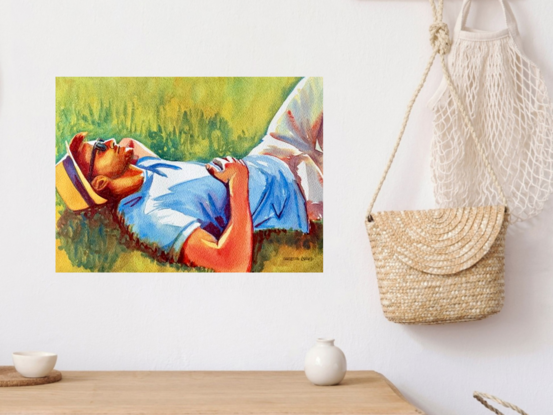 "Lying in Sunshine" by Christine Beard beautifully captures the essence of a peaceful summer day, where a figure rests comfortably on the sunlit grass, basking in the warmth and tranquility. This vibrant watercolor painting evokes a sense of calm and relaxation, celebrating the simple pleasures of life. The harmonious blend of colors and light creates a soothing atmosphere, making this artwork an ideal piece for those who appreciate moments of quiet reflection and the beauty of the outdoors.





