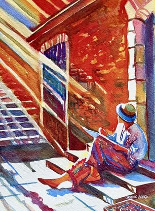 "Sunshine and Steps" by Christine Beard captures the serene moment of an artist absorbed in their work, seated on sunlit steps surrounded by rich architectural details. The vibrant watercolor painting beautifully highlights the interplay of light and shadow, creating a warm and inviting atmosphere. This artwork celebrates the quiet joy of creativity in an urban setting, making it a perfect piece for those who appreciate the intersection of art, architecture, and the beauty of everyday moments.





