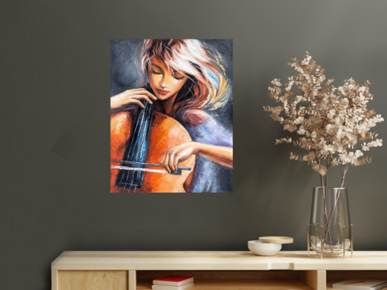 Portrait painting about a cellist who enjoys playing music with a cello