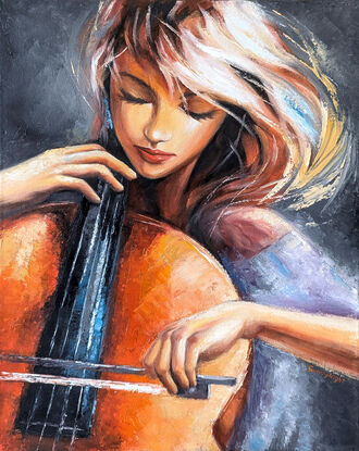 Portrait painting about a cellist who enjoys playing music with a cello