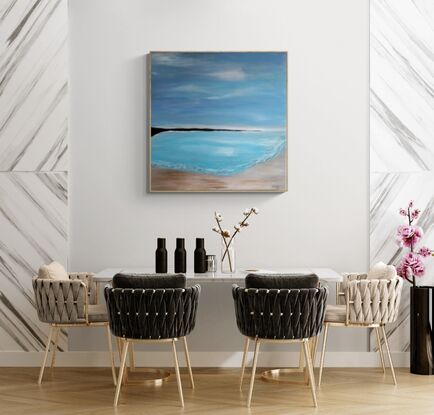 An acrylic painting of a beautiful, calm Australian beach scene.  With soft blue and beige colours.  Soft clouds and soft waves.