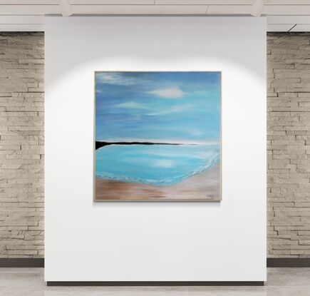 An acrylic painting of a beautiful, calm Australian beach scene.  With soft blue and beige colours.  Soft clouds and soft waves.