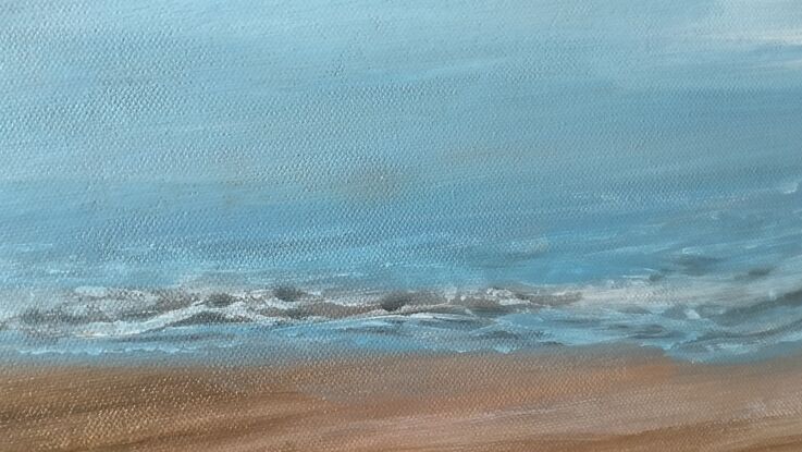 An acrylic painting of a beautiful, calm Australian beach scene.  With soft blue and beige colours.  Soft clouds and soft waves.