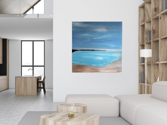 An acrylic painting of a beautiful, calm Australian beach scene.  With soft blue and beige colours.  Soft clouds and soft waves.