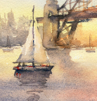 Original painting Sydney Harbour Bridge with sailboats and colourful sunset