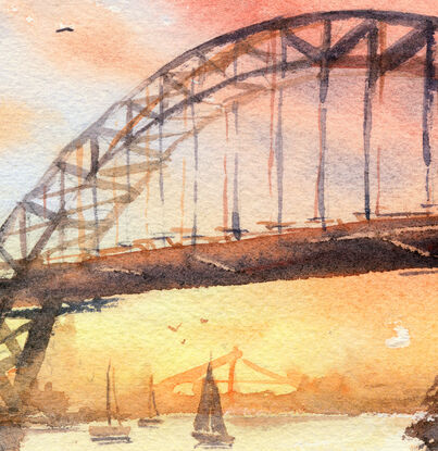 Original painting Sydney Harbour Bridge with sailboats and colourful sunset