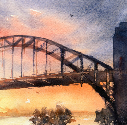 Original painting Sydney Harbour Bridge with sailboats and colourful sunset