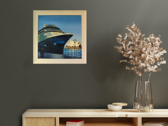 Huge Blue Ship on the backdrop of Sydney Harbour with Opera House