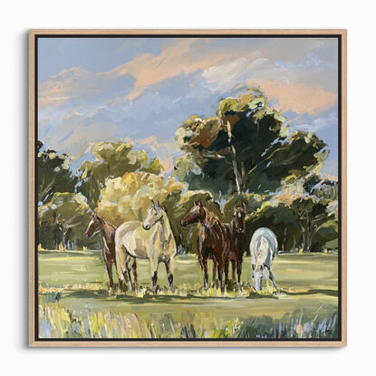 Five thoroughbred horses stand together in a grass country paddock. Blue and pink sky’s peak through the trees.