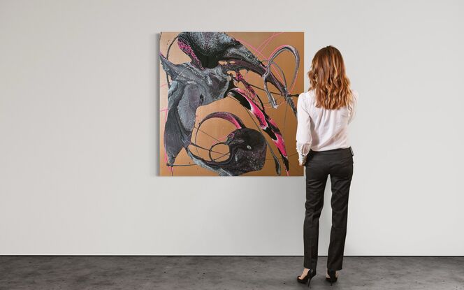 A dynamic acrylic fluid art painting titled "Plume of Paradise" by Laura Anderson, featuring swirling patterns in black, pink, and rose metallic tones on canvas. The composition evokes the vibrant and intricate plumage of a bird of paradise, with a sense of movement and depth created by the fluid art technique and aerosol paint.