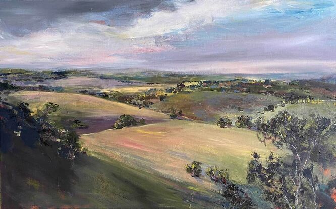 Stylistic landscape horizon view with expressive clouds, painted using large brushstrokes and palette knife. Colour palette ranges from grey, bush greens, purples and ochre tones