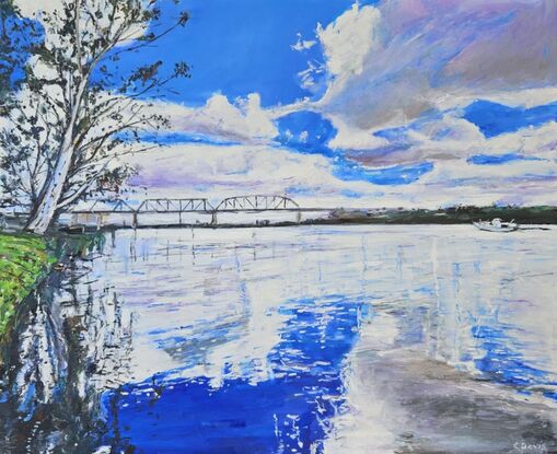 Landscape painting of the Murray River. There are white clouds in the sky which are reflecting in the royal blue water. The painting is mostly royal blue and white. There is a riverbank to the left side with a gum tree overhanging the water. The trees reflections are in the water. A small boat can be seen in the distance.