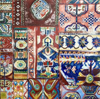 A patchwork of persian carpet and kelim designs ideas , assembled in a composition