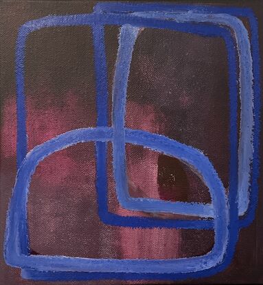 Washed dark pink canvas with shades of blue layered over forming linked shapes using oil stick.