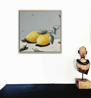 Small original textured still life  painting of two lemons on a light grey and cream  background