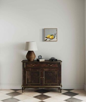 Small original textured still life  painting of two lemons on a light grey and cream  background