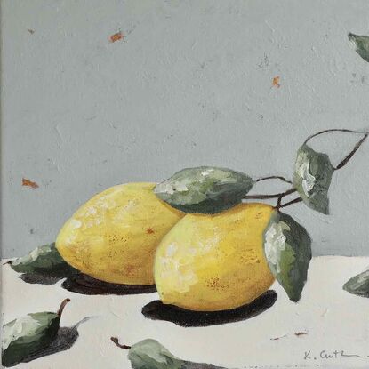 Small original textured still life  painting of two lemons on a light grey and cream  background