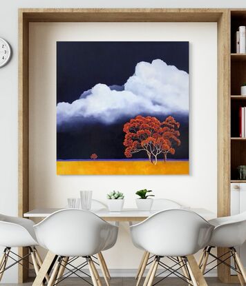 Large square Australian landscape with dark blue sky with huge white fluffy clouds and gold orange foreground with bright red and orange trees in the foreground,  Lucinda Leveille, original artwork, statement