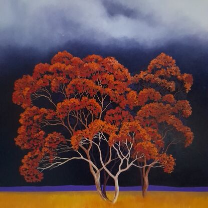 Large square Australian landscape with dark blue sky with huge white fluffy clouds and gold orange foreground with bright red and orange trees in the foreground,  Lucinda Leveille, original artwork, statement