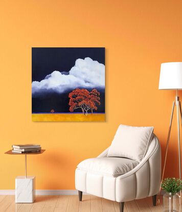 Large square Australian landscape with dark blue sky with huge white fluffy clouds and gold orange foreground with bright red and orange trees in the foreground,  Lucinda Leveille, original artwork, statement