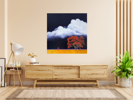 Large square Australian landscape with dark blue sky with huge white fluffy clouds and gold orange foreground with bright red and orange trees in the foreground,  Lucinda Leveille, original artwork, statement