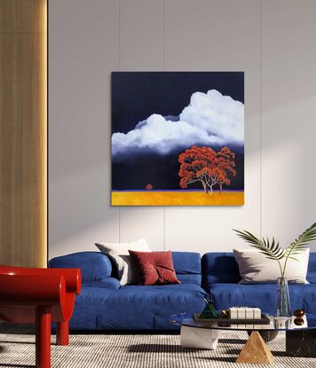 Large square Australian landscape with dark blue sky with huge white fluffy clouds and gold orange foreground with bright red and orange trees in the foreground,  Lucinda Leveille, original artwork, statement