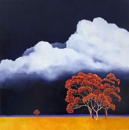 Large square Australian landscape with dark blue sky with huge white fluffy clouds and gold orange foreground with bright red and orange trees in the foreground,  Lucinda Leveille, original artwork, statement