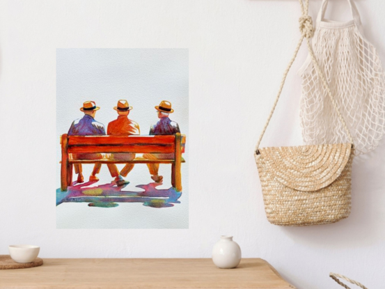 "Sunlit Bench" by Christine Beard is a captivating watercolor that captures a peaceful moment of three men seated on a bench, bathed in sunlight. The vibrant colors and clean composition evoke a sense of calm and simplicity, highlighting the beauty of everyday life. This contemporary artwork is perfect for those who appreciate minimalist design with a focus on human connection and the subtle charm of urban settings.





