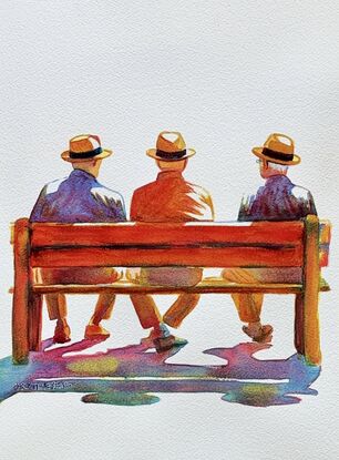 "Sunlit Bench" by Christine Beard is a captivating watercolor that captures a peaceful moment of three men seated on a bench, bathed in sunlight. The vibrant colors and clean composition evoke a sense of calm and simplicity, highlighting the beauty of everyday life. This contemporary artwork is perfect for those who appreciate minimalist design with a focus on human connection and the subtle charm of urban settings.





