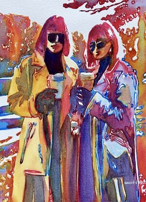 "Café Couture" by Christine Beard captures a moment of urban chic as two stylish figures enjoy their coffee in a vibrant city setting. The bold use of color and dynamic composition bring this modern watercolor to life, showcasing a blend of street fashion and the warmth of social connection. Perfect for those who appreciate contemporary art with a touch of urban elegance, this piece adds a lively and fashionable vibe to any space.





