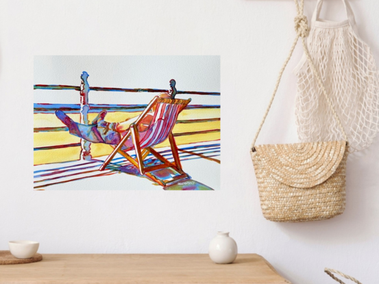 "Deck Chair Vibes" by Christine Beard captures the essence of serene relaxation by the seaside. This vibrant watercolor painting depicts a tranquil moment of leisure, with a figure lounging in a classic deck chair, soaking up the sun's warmth. The bright colors and fluid brushstrokes beautifully convey the calm and carefree atmosphere of a summer day spent by the water. Perfect for evoking memories of seaside vacations, this artwork adds a touch of coastal charm and tranquility to any space.





