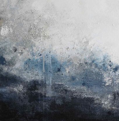 Moody textured painting of an abstracted seascape with deep dark blue on the bottom and creamy white at top