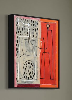 Abstract of two figures in line drawing style, one black one white on beige and red background with black dots.