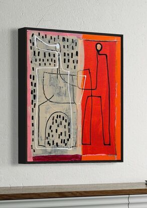 Abstract of two figures in line drawing style, one black one white on beige and red background with black dots.