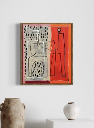 Abstract of two figures in line drawing style, one black one white on beige and red background with black dots.