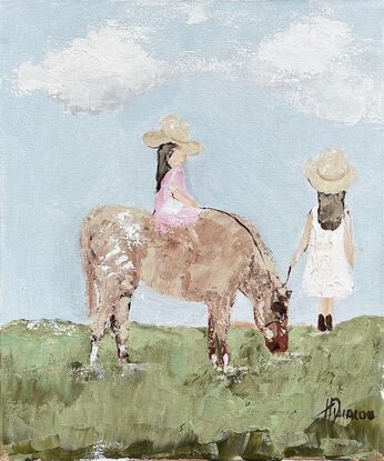 Original Figurative Farmhouse Painting featuring two girls and a horse. Painted with a palette knife and brush on stretch canvas
