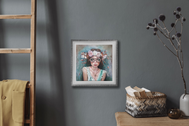 Woman with flowers and butterflies and steampunk goggles