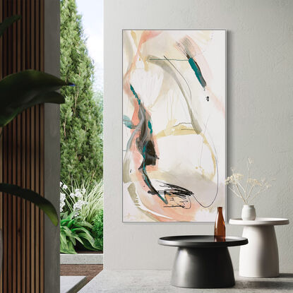 Subtle tones in warm earthy beige, green, apricot, white, grey, ochre and brown combined with large expressive pencil and paint marks, across the canvas surface. 