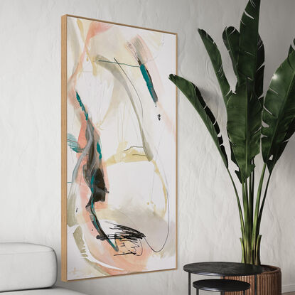 Subtle tones in warm earthy beige, green, apricot, white, grey, ochre and brown combined with large expressive pencil and paint marks, across the canvas surface. 