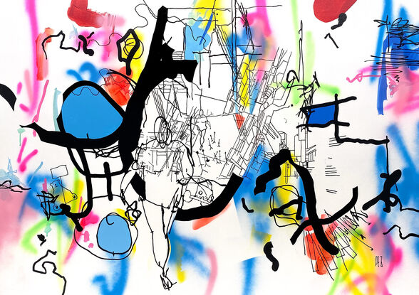 Extra Large black line art image with vibrant splashes of colour and figurative imagery.