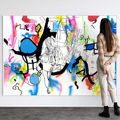 Extra Large black line art image with vibrant splashes of colour and figurative imagery.