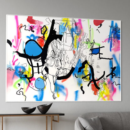 Extra Large black line art image with vibrant splashes of colour and figurative imagery.