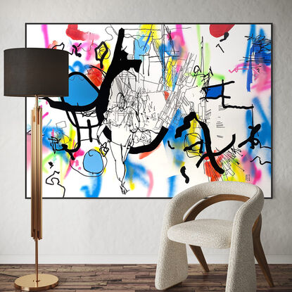 Extra Large black line art image with vibrant splashes of colour and figurative imagery.