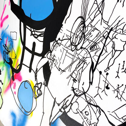 Extra Large black line art image with vibrant splashes of colour and figurative imagery.