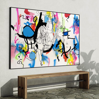 Extra Large black line art image with vibrant splashes of colour and figurative imagery.