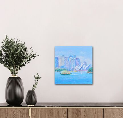 Textured, impressionist oil painting of the Sydney Opera House and a ferry crossing Sydney Harbour. Sydney city skyline in the distance. 