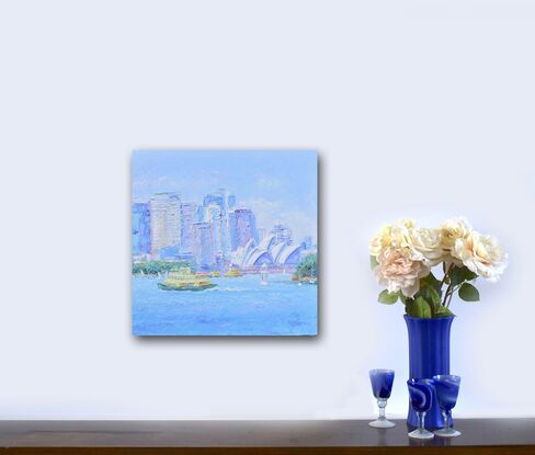 Textured, impressionist oil painting of the Sydney Opera House and a ferry crossing Sydney Harbour. Sydney city skyline in the distance. 